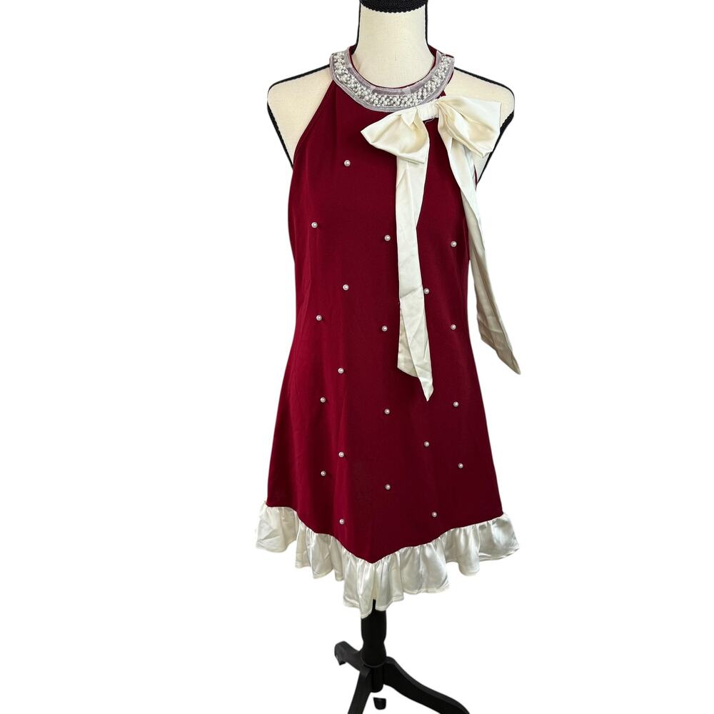 SHEIN Burgundy Pearl Bow Halter Mini Dress Women's L Beaded Holiday Cocktail